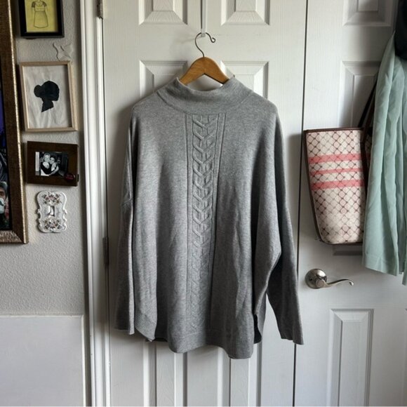 gray soft cable knit high collar mock neck neutral minimalist sweater - Picture 1 of 9